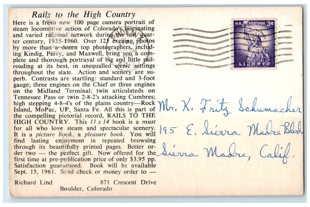 1961 Rocky Mountain Rocket CRI & P Smokestacks Colorado Springs CO Postcard