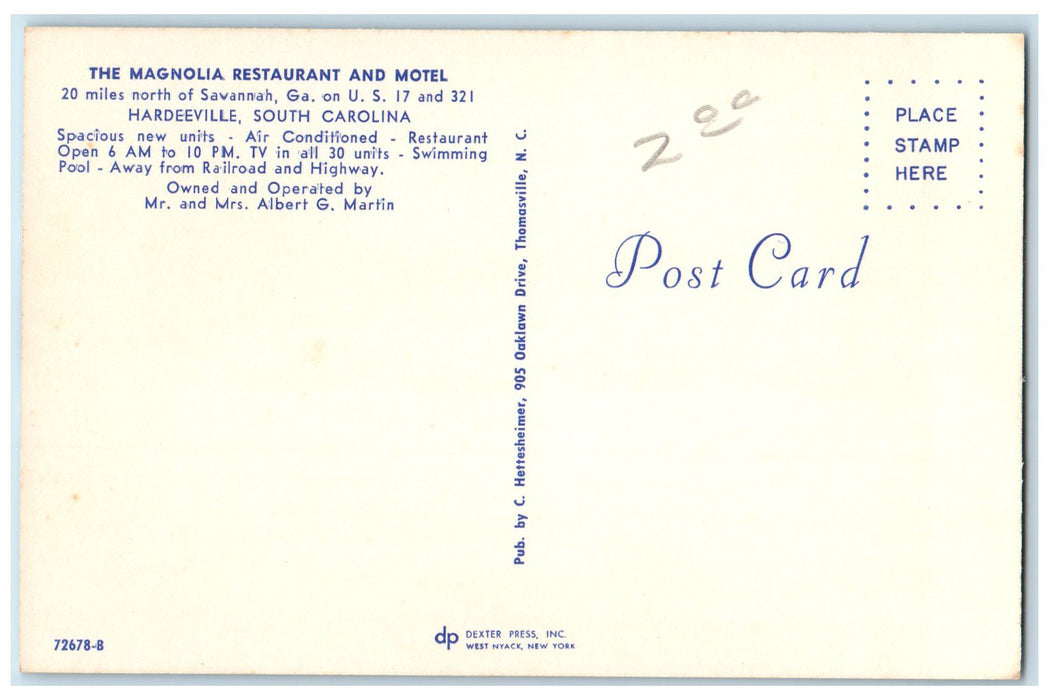 c1960's The Magnolia Restaurant And Motel Cars Hardeeville SC Posted Postcard