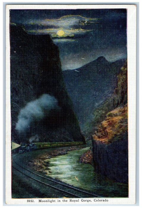 c1940's Moonlight Railroad Train Smokestacks River Cliff Royal Gorge CO Postcard