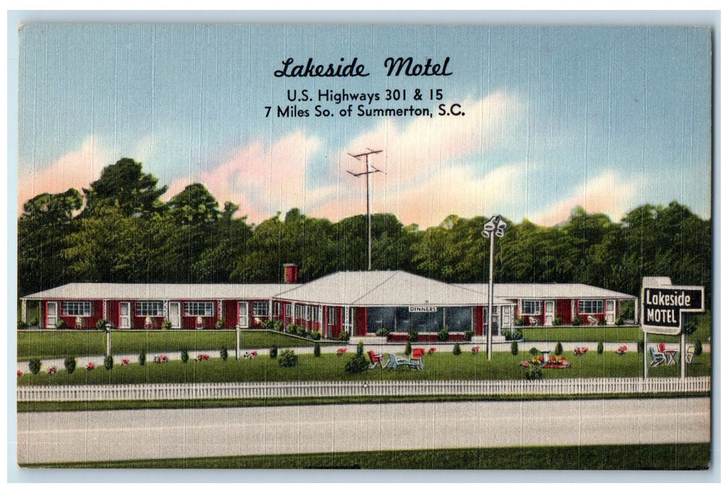 c1940's Lakeside Motel Roadside 7 Miles So. Of Summerton SC Unposted Postcard