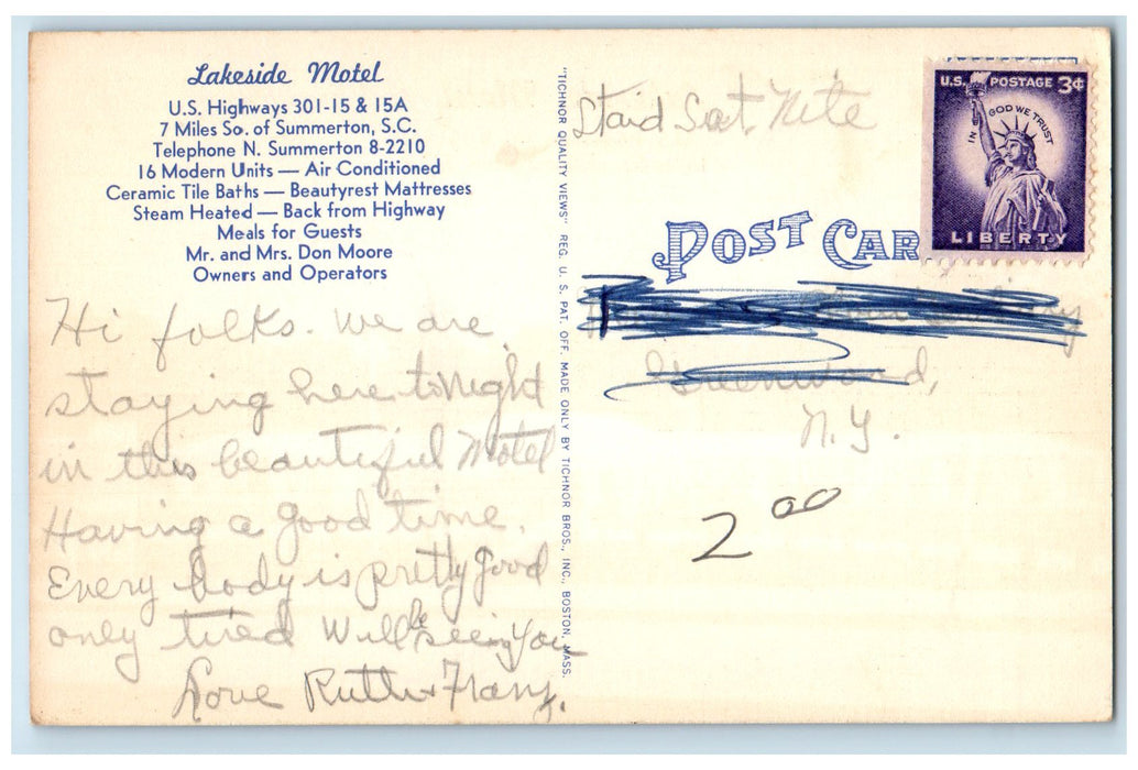 c1940's Lakeside Motel Roadside 7 Miles So. Of Summerton SC Unposted Postcard