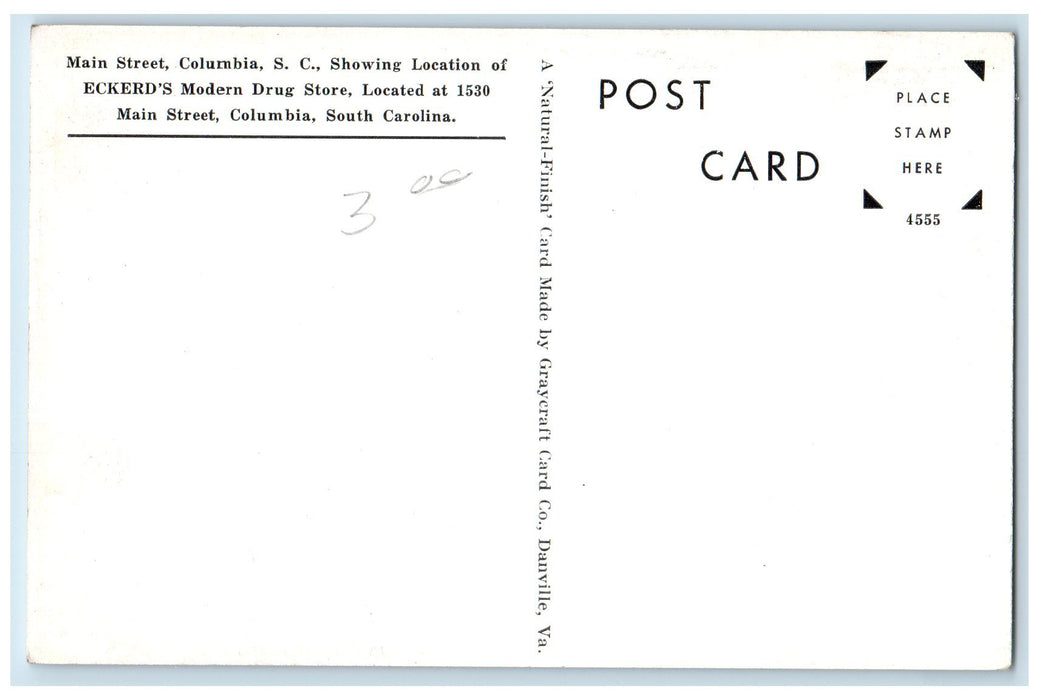 c1940's Eckerd's Modern Drug Store Located At 1530 Main St. Columbia SC Postcard