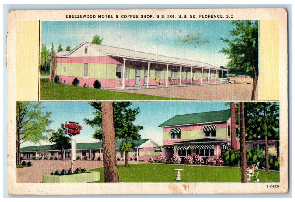 1957 Breezewood Motel & Coffee Shop Scene Roadside Florence Columbia SC Postcard