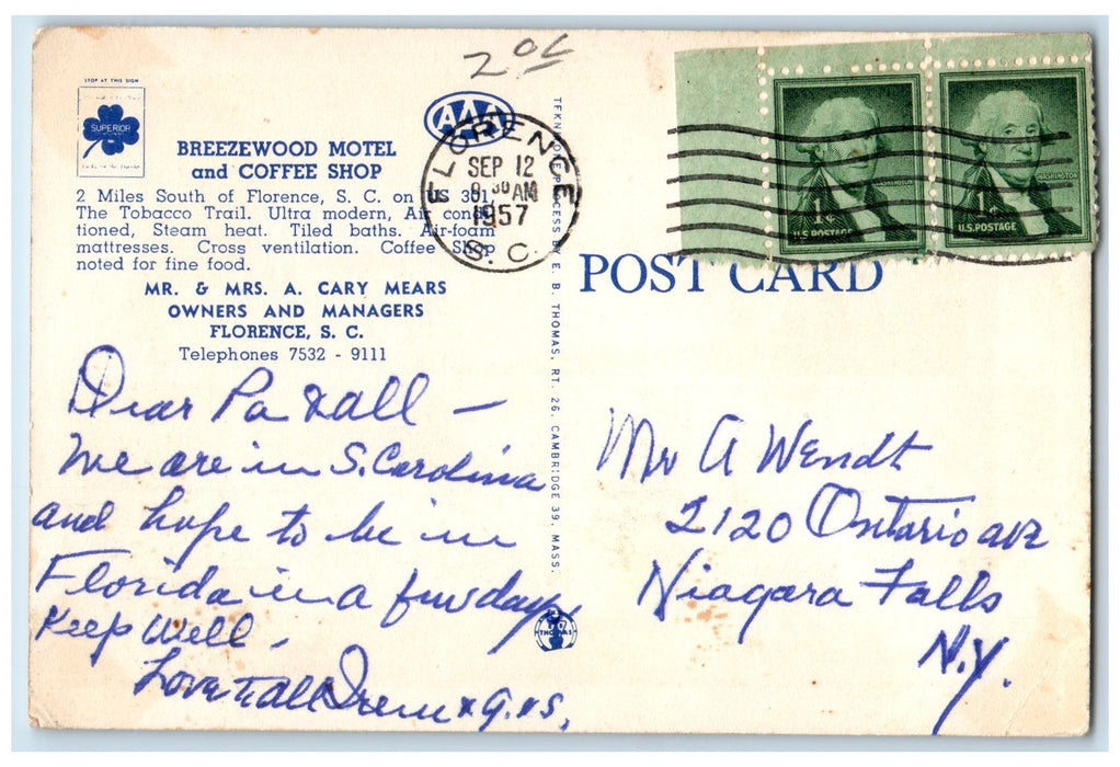 1957 Breezewood Motel & Coffee Shop Scene Roadside Florence Columbia SC Postcard