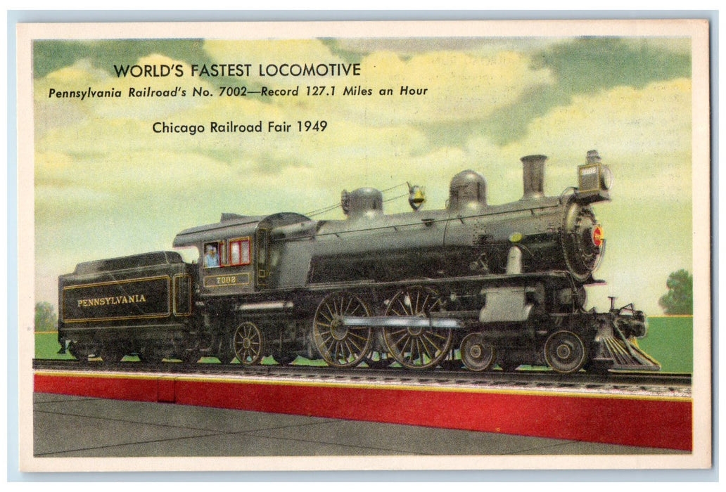 c1950 World's Fastest Railroad Run 1905 Steam Locomotive 7002 Train Postcard