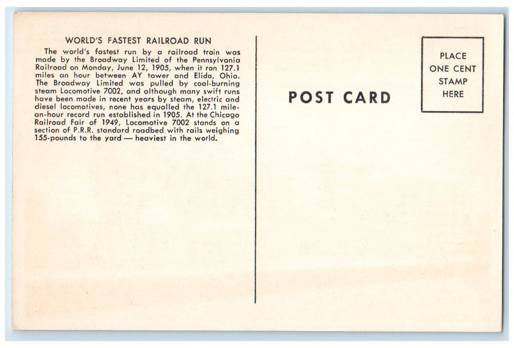c1950 World's Fastest Railroad Run 1905 Steam Locomotive 7002 Train Postcard