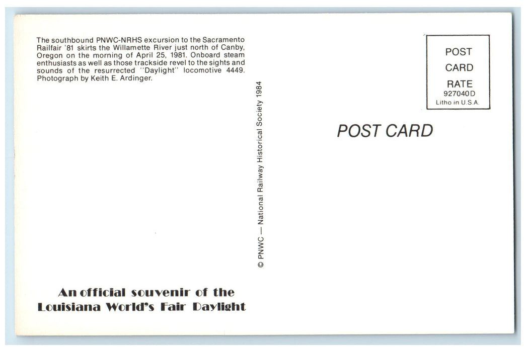 c1950 Southbound PNWC NRHS Daylight Locomotive 4449 1981 Railfair Train Postcard