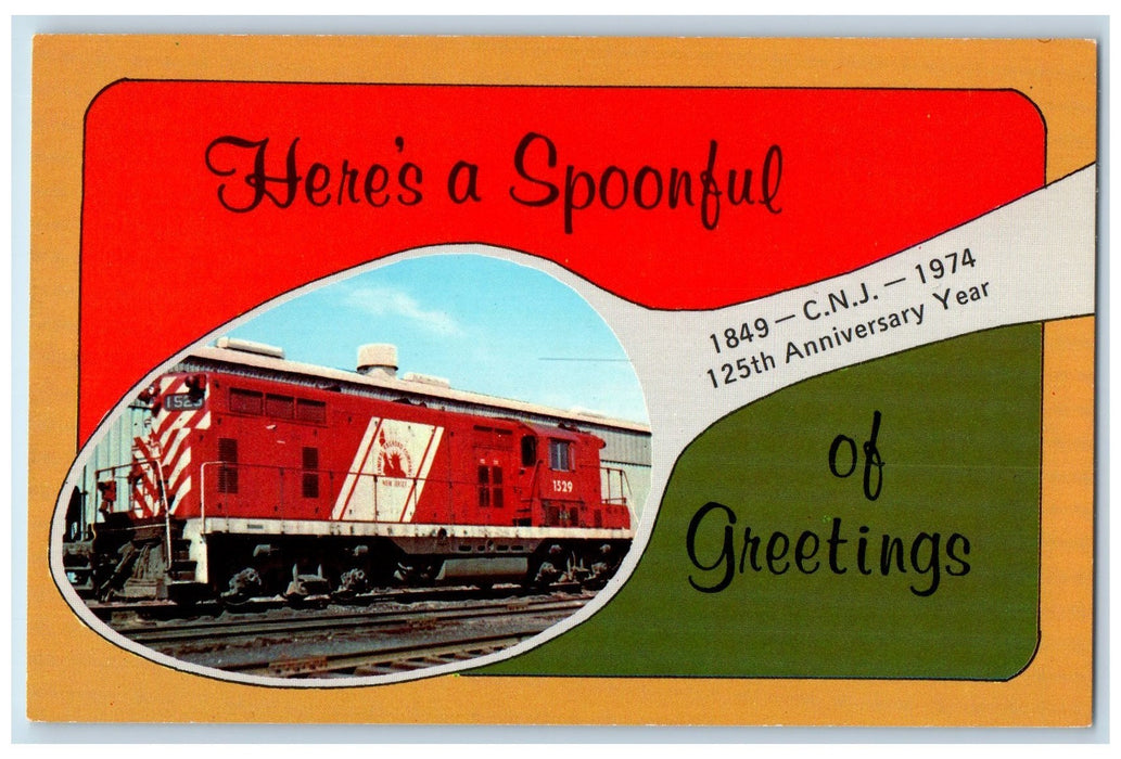 c1950's Here's Spoonful Of Greetings Commemorative Souvenir Train Track Postcard