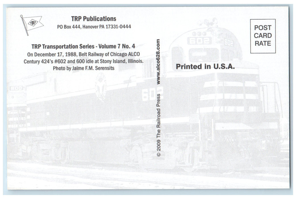 c1950's TRP Transportation Volume 7 No. 4 1988 Alco Century 424's Train Postcard