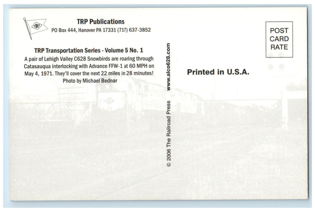 c1950 TRP Transportation Volume 5 No.1 1971 Lehigh Valley C628 Train Postcard