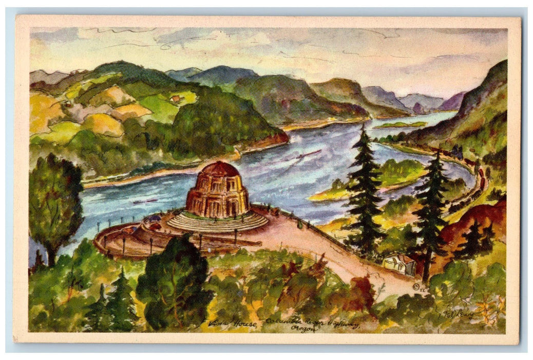 c1950 Vista House Columbia River Highway Oregon Panoramic Ted Lewy Arts Postcard