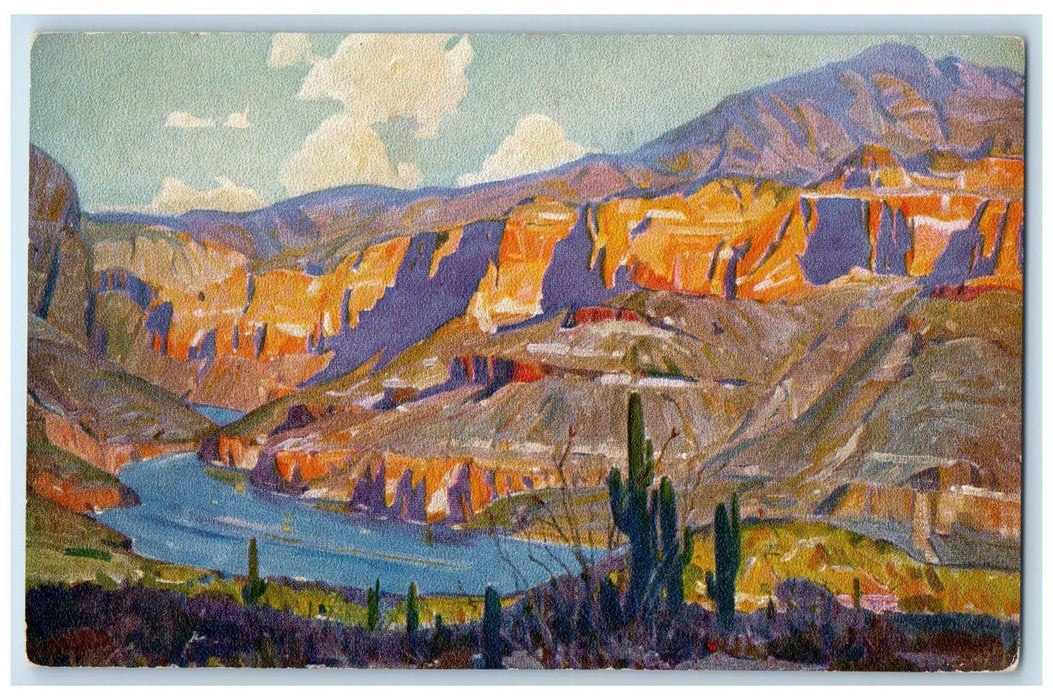 c1950 Lake Apache Painting Art On The Apache Trail Highway Arizona AR Postcard