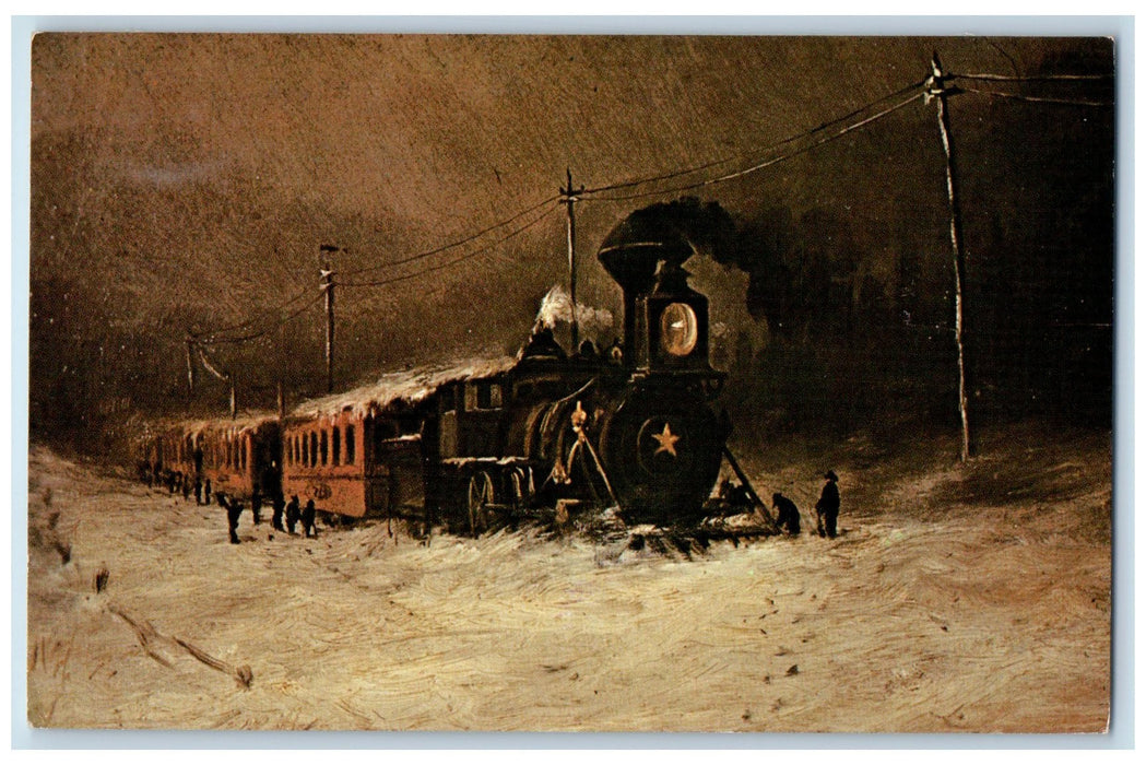 c1950's Locomotive In The Snow Train Smokestacks Railway Snow Stuck Postcard