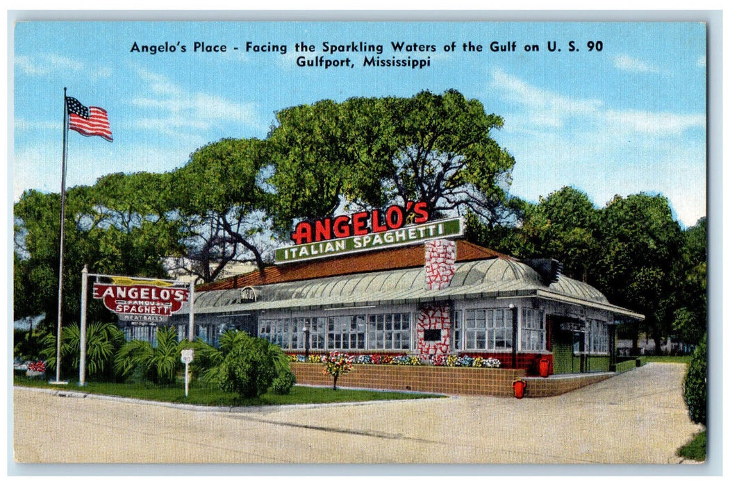 c1940s Angelo's Place Restaurant Facing Sparkling Waters Gulfport MS Postcard