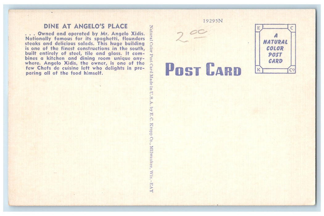 c1940s Angelo's Place Restaurant Facing Sparkling Waters Gulfport MS Postcard