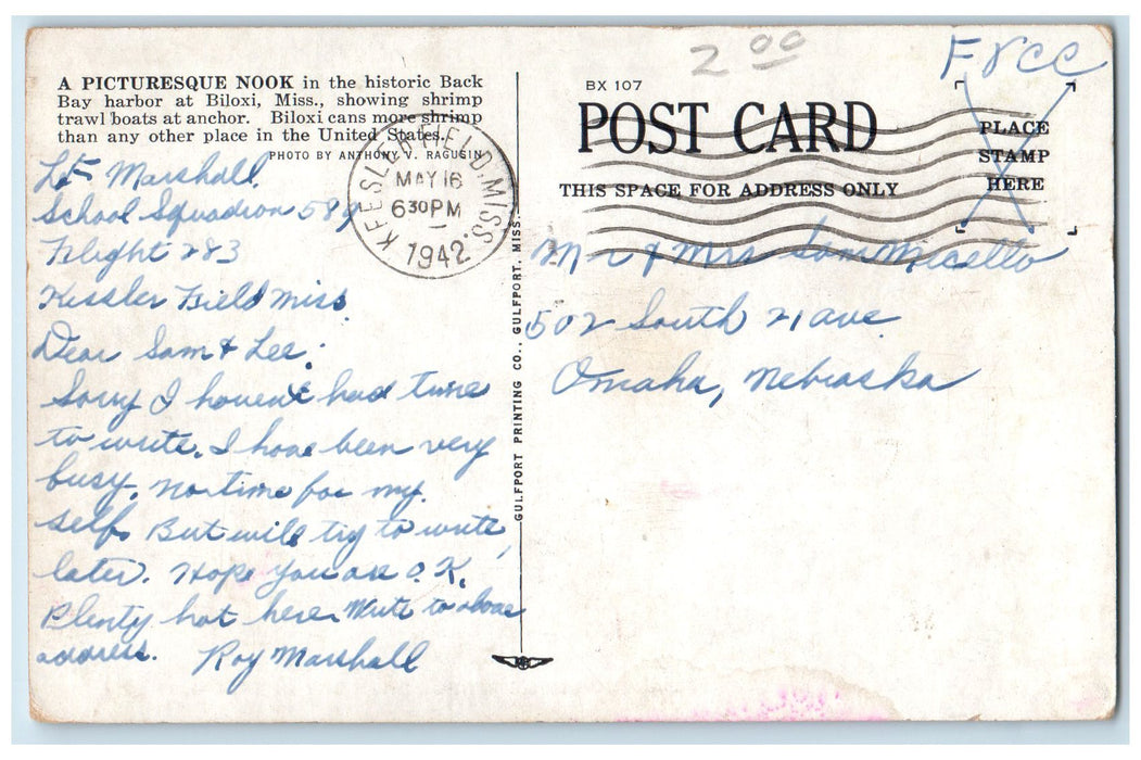 1942 Picturesque Shrimp Boats Anchor In Beautiful Back Bay Biloxi MS Postcard