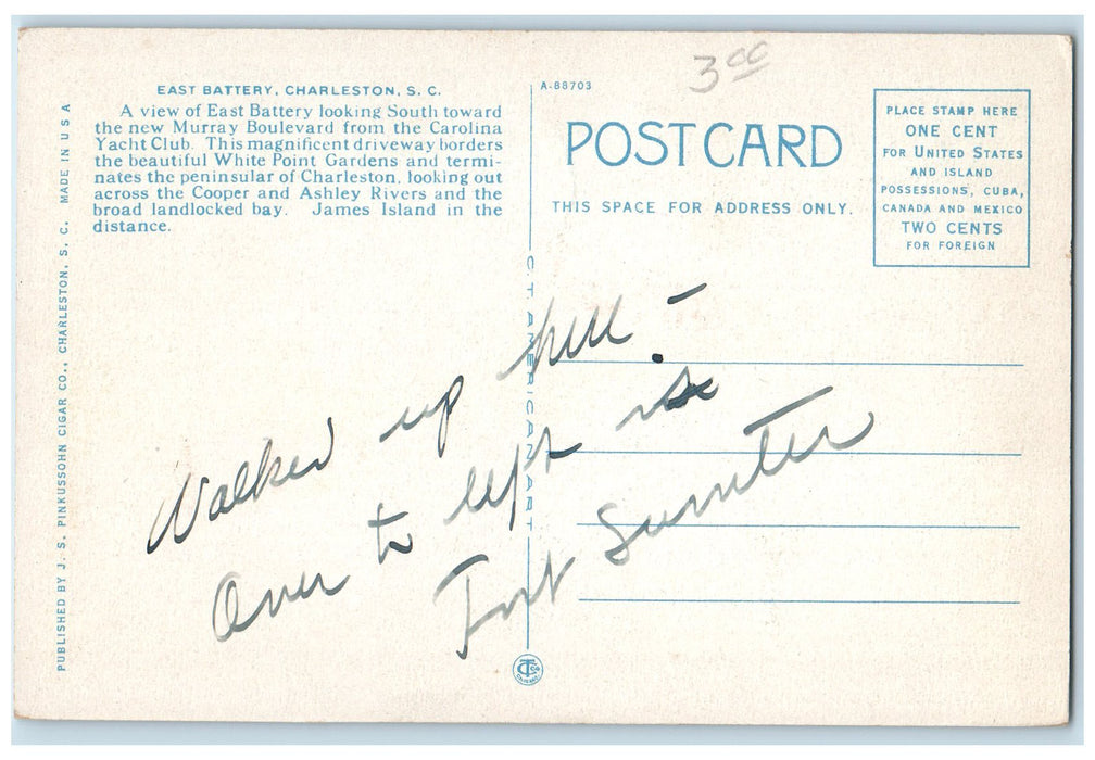 c1940s East Battery Sidewalk View Charleston South Carolina SC Unposted Postcard