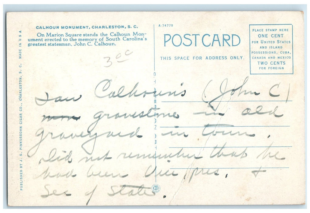 c1940s Calhoun Monument Scene Charleston South Carolina SC Unposted Postcard