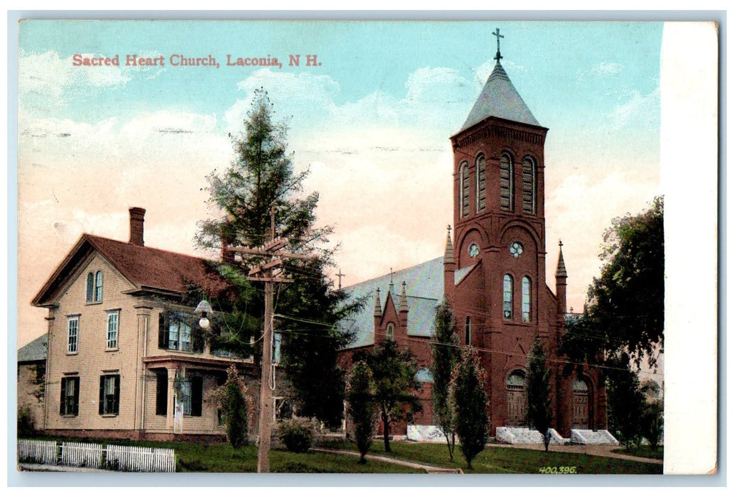 1909 Sacred Heart Church Building Tower Cross Laconia New Hampshire NH Postcard