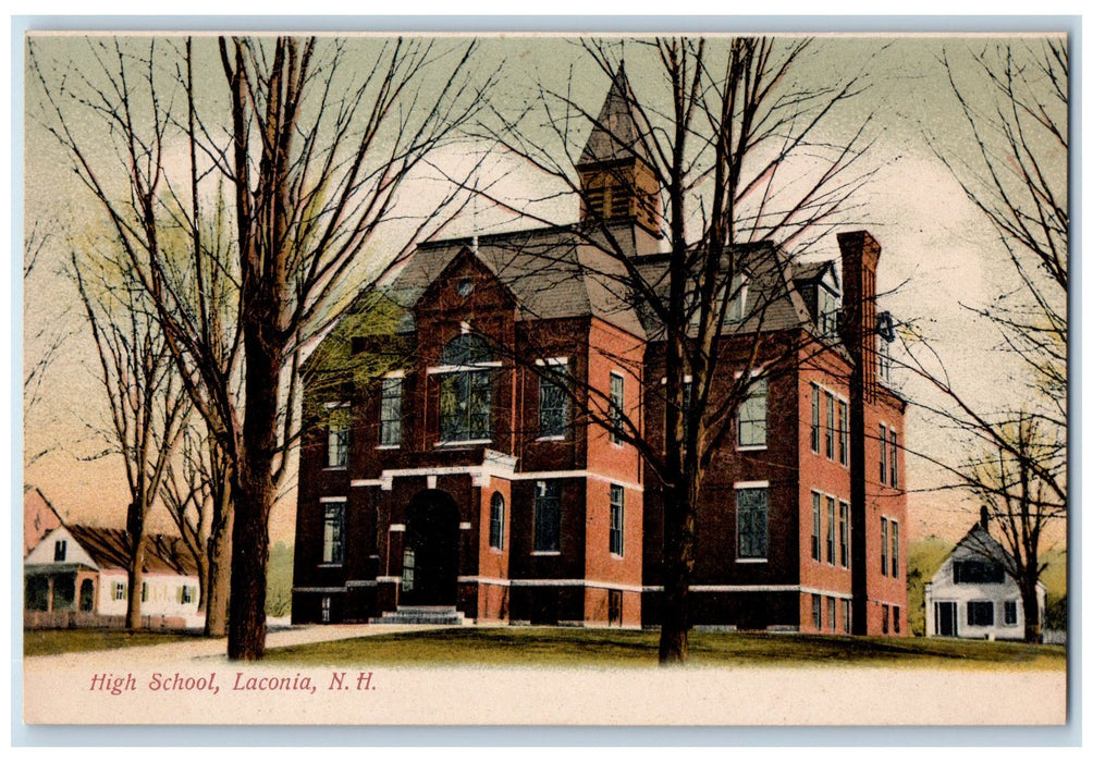 c1905's High School Building Entrance Trees Laconia New Hampshire NH Postcard