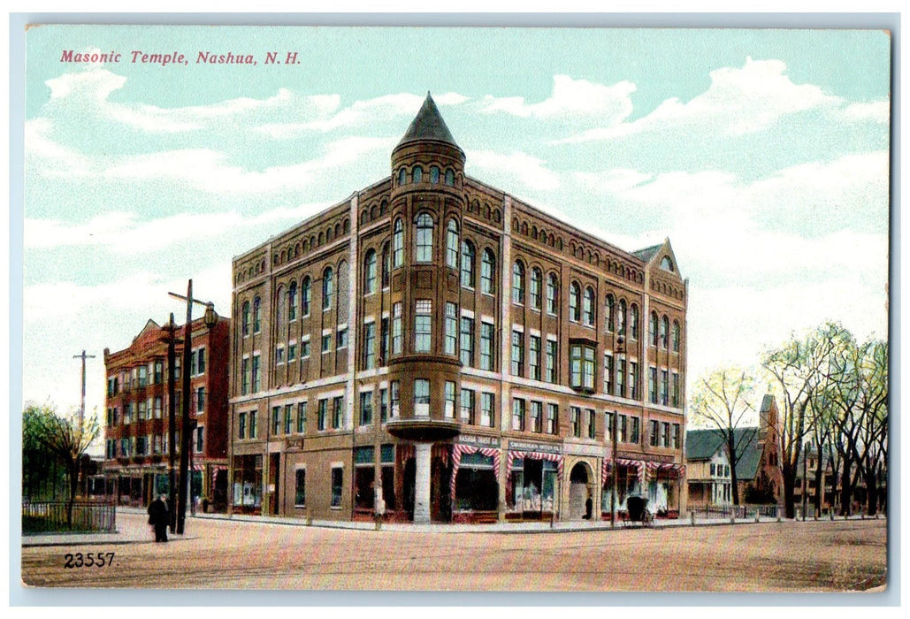 c1950's Masonic Temple View Crossing Street Horse Carriage Nashua NH Postcard