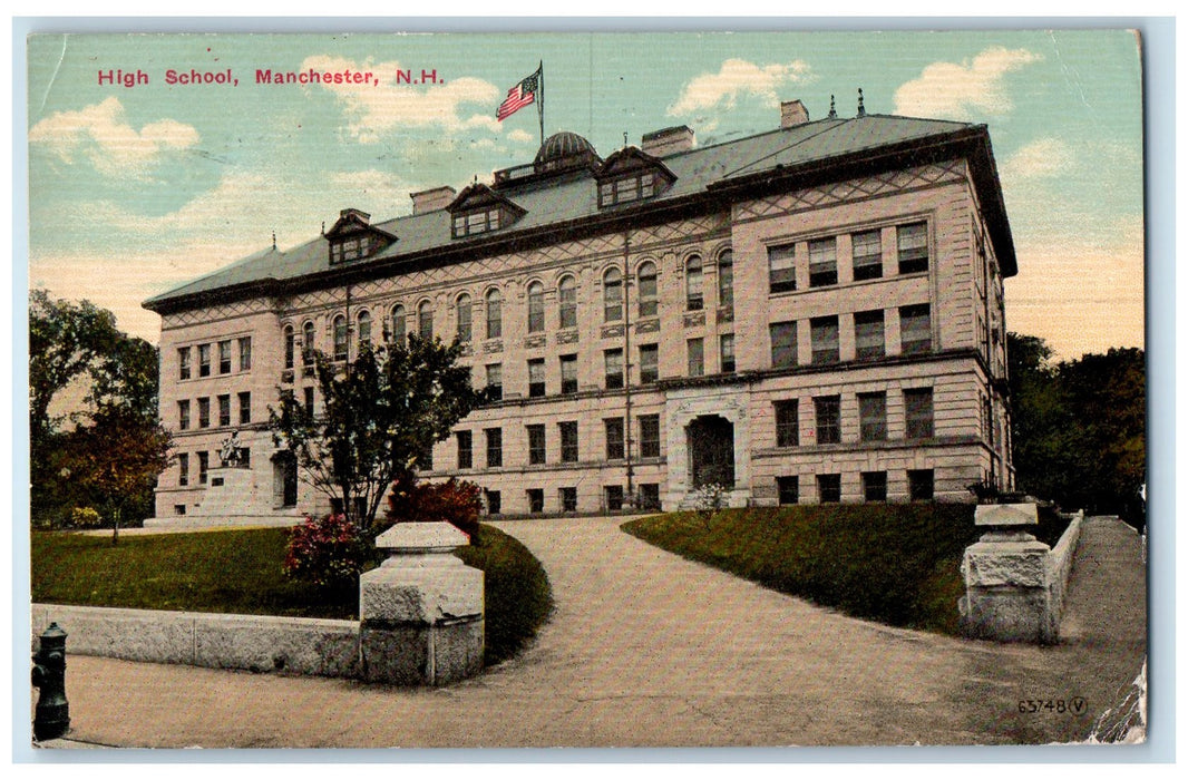 1913 High School Campus View Entryway Flag Manchester New Hampshire NH Postcard