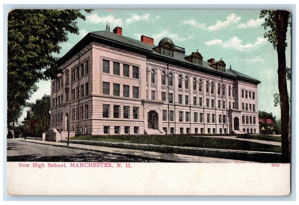 c1905 New High School Campus Side View Dirt Road Street Manchester NH Postcard