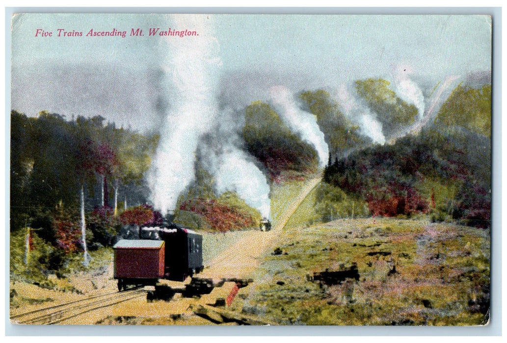 c1950 Five Trains Ascending View Smokestacks Railway Mt. Washington NH Postcard