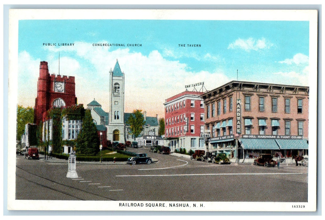 c1950's Railroad Square Classic Cars Buildings Nashua New Hampshire NH Postcard