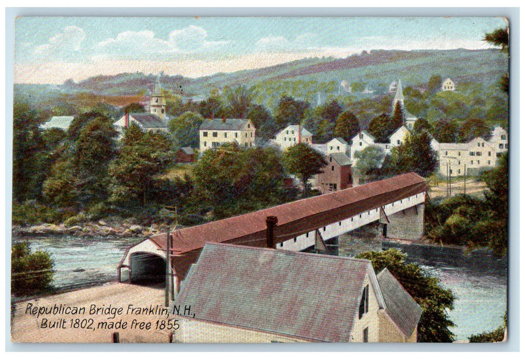 c1950's Republican Bridge Franklin Built 1802 River Lake Buildings NH Postcard