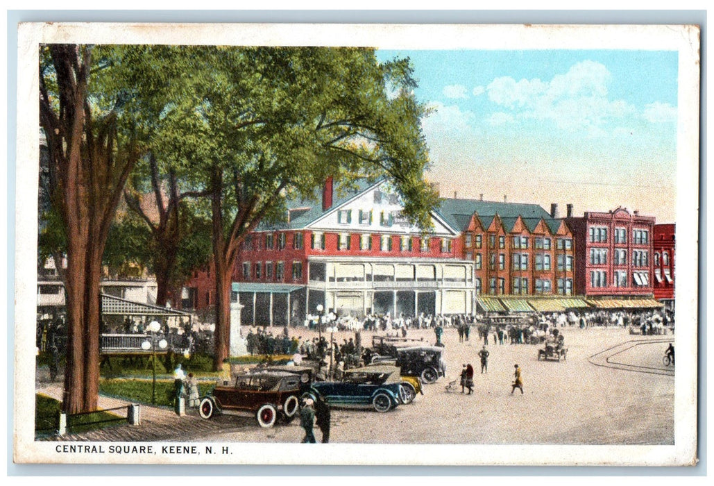1926 Central Square Classic Cars Crowd Railway Keene New Hampshire NH Postcard