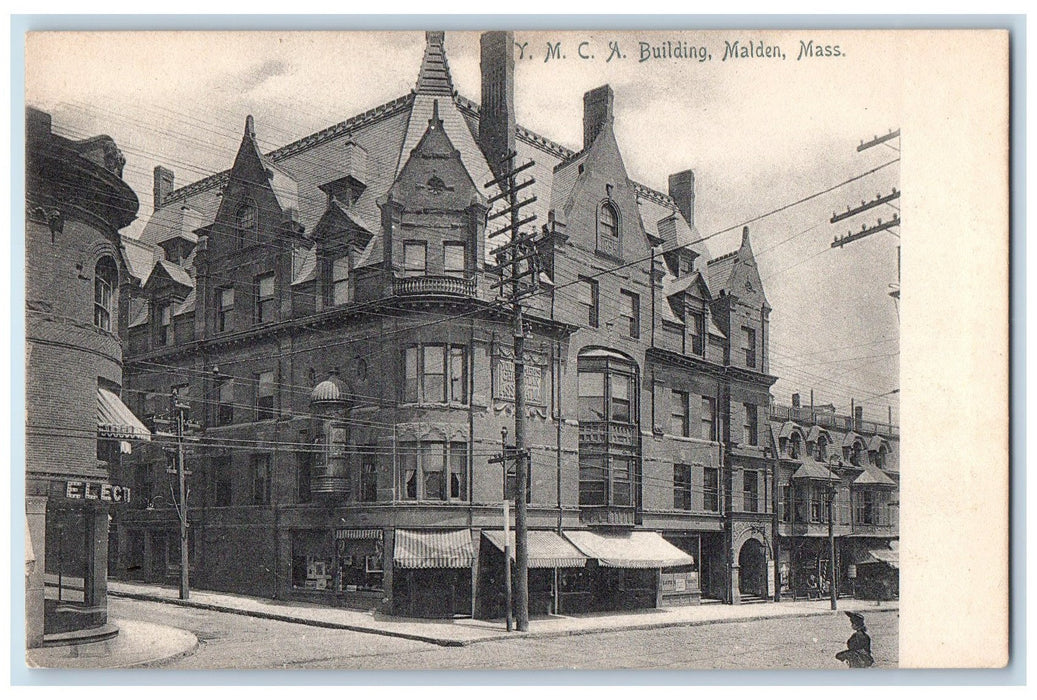 c1905 YMCA Building View Restaurant Food Market Street Corner Malden MA Postcard