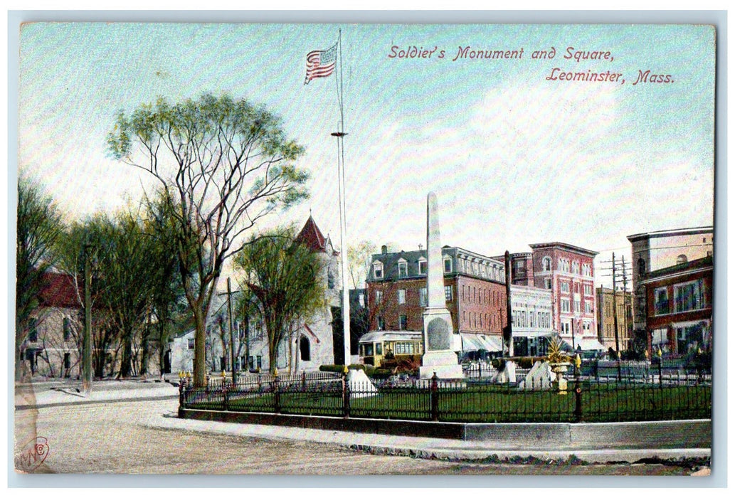 c1905 Soldier Monument Square Flag Canyons Leominster Massachusetts MA Postcard
