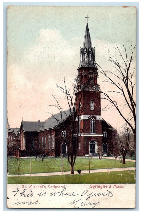 1906 St. Michael's Cathedral Building Road Cross Tower Springfield MA Postcard