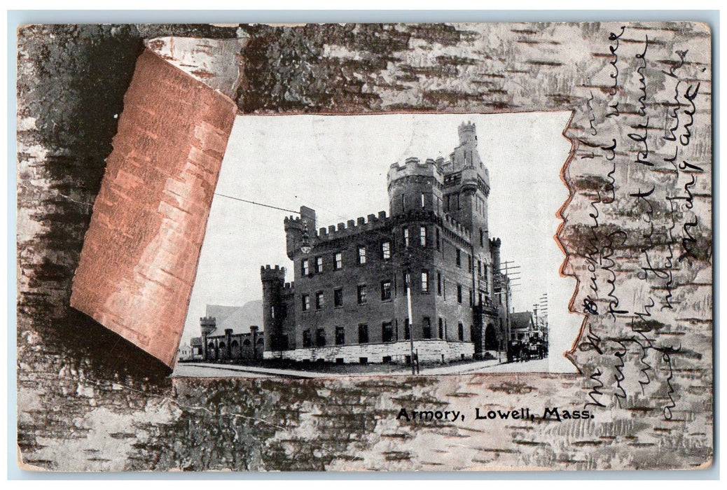 1907 Armory Building Entrance View Classic Cars Lowell Massachusetts MA Postcard