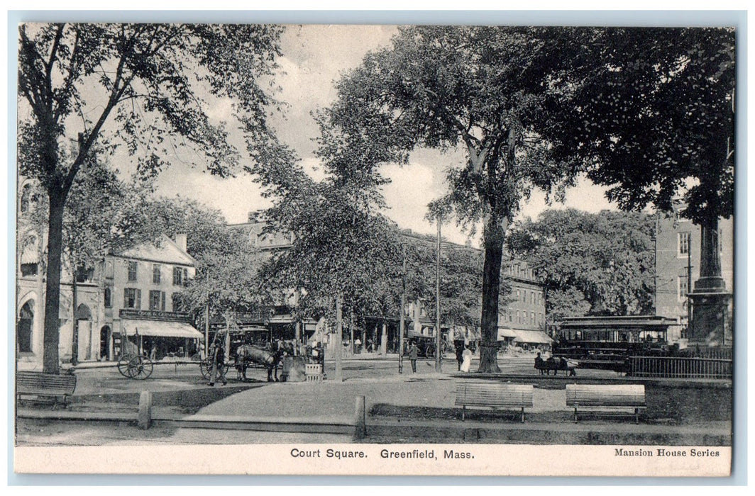 c1910 Court Square Trolley Horse Carriage Benches Streets Greenfield MA Postcard