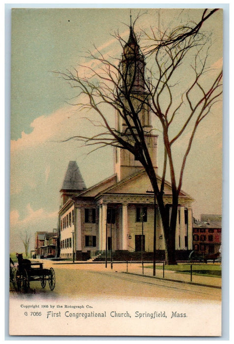 c1905 First Congregational Church View Horse Carriage Springfield MA Postcard