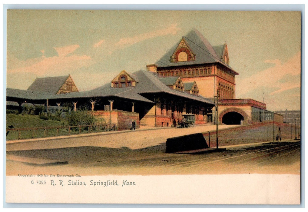 c1905 Rail Road Station View Depot Horse Carriage Tracks Springfield MA Postcard