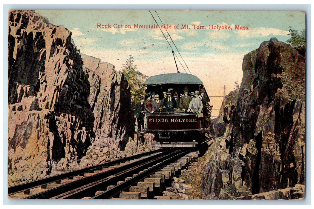 1914 Rock Cut On Mt. Tom Trolley Passenger Train Railway Holyoke MA Postcard