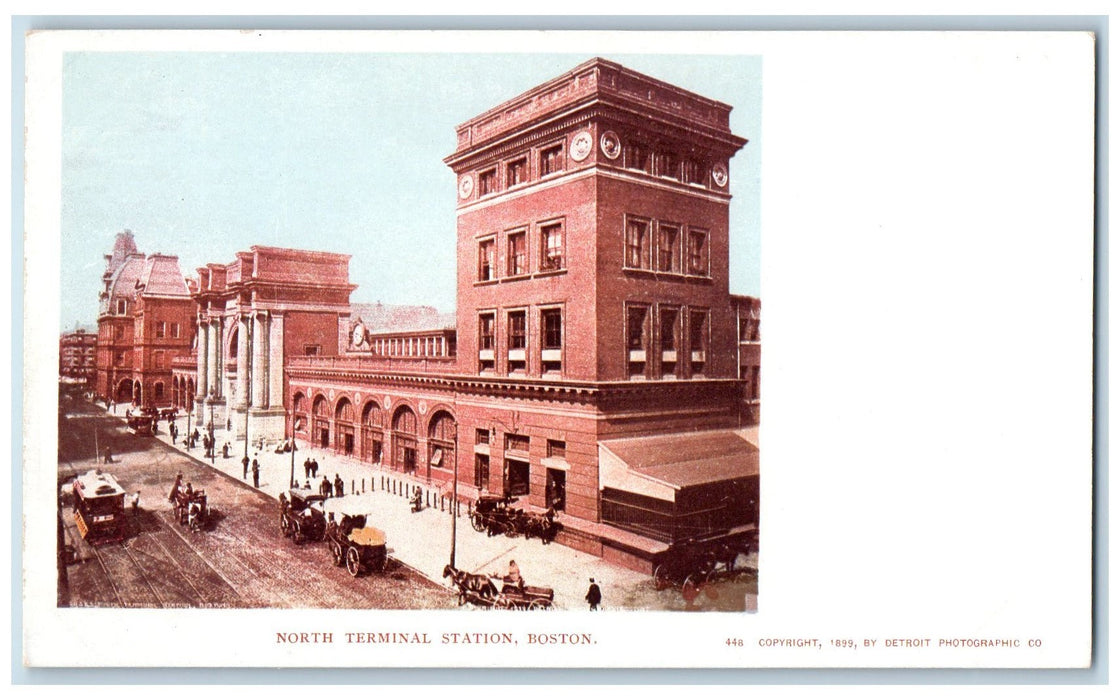 c1905 North Terminal Station View Train Depot Horse Carriage Boston MA Postcard