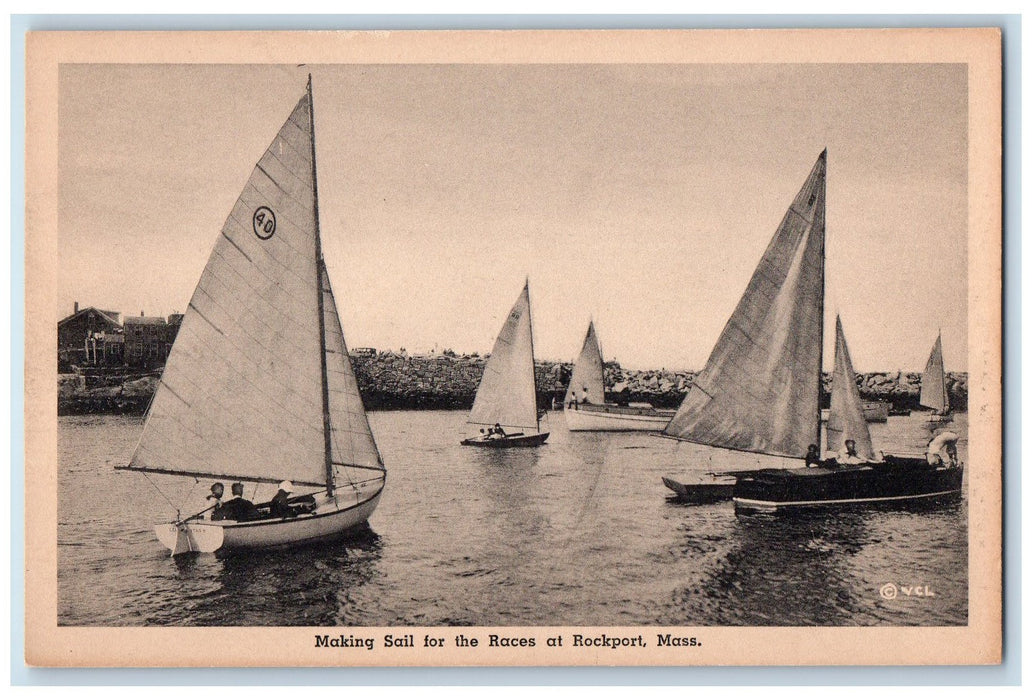 c1920 Making Sail Races Boats Seaside Racer Rockport Massachusetts MA Postcard