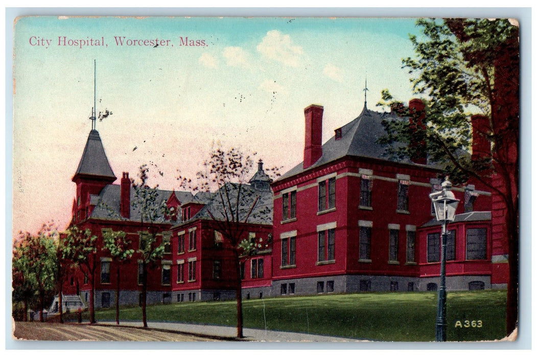 1919 City Hospital Building Side View Ground Worcester Massachusetts MA Postcard
