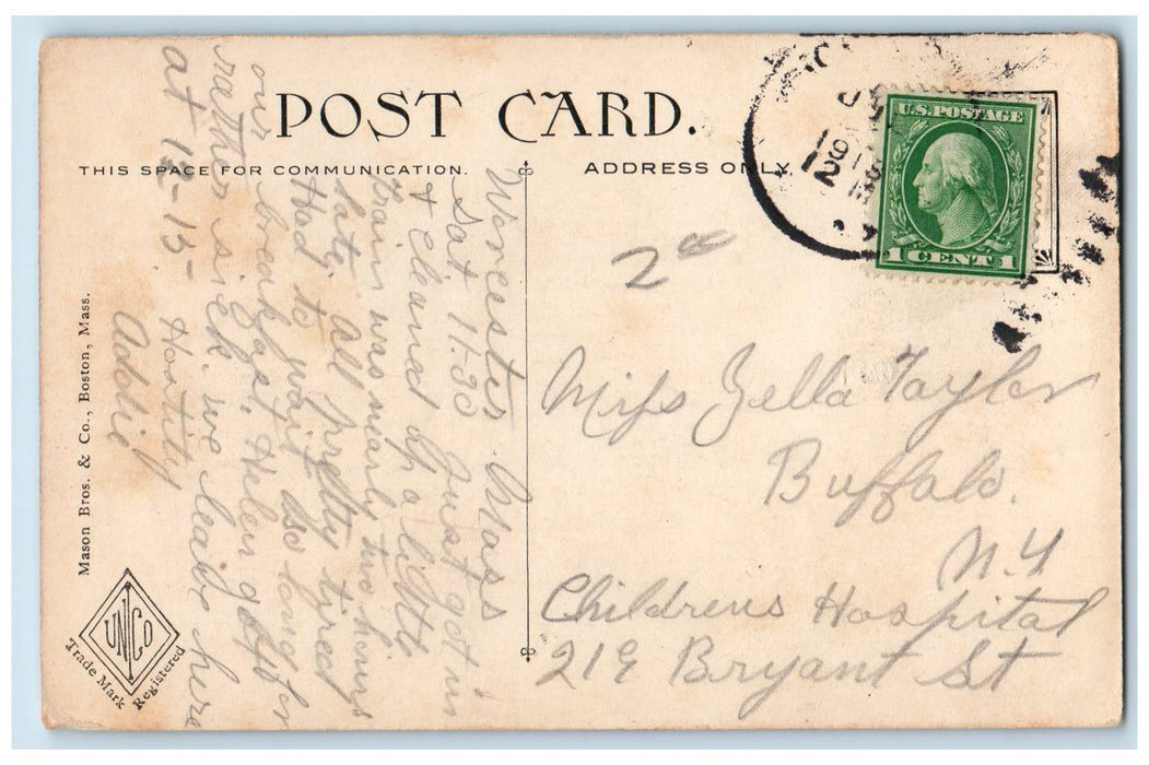 1919 City Hospital Building Side View Ground Worcester Massachusetts MA Postcard