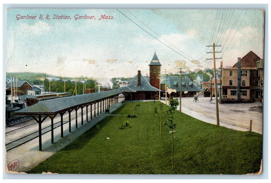 c1905 Gardner Rail Road Station Depot Shed Gardner Massachusetts MA Postcard