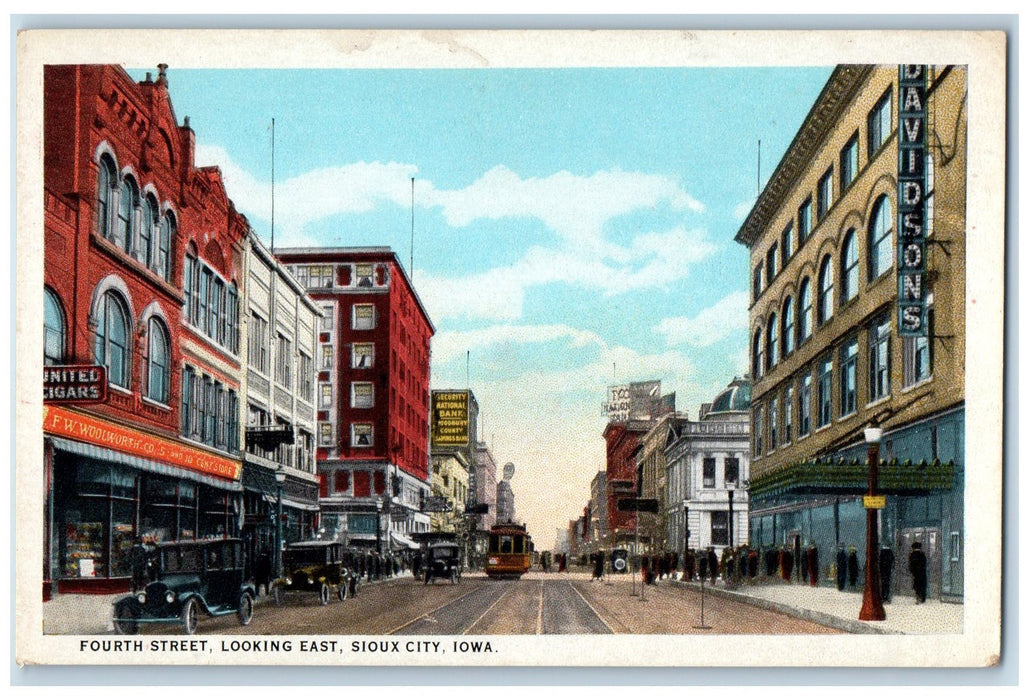 c1920's Fourth Street Sioux City Classic Cars Trolley Buildings Iowa IA Postcard