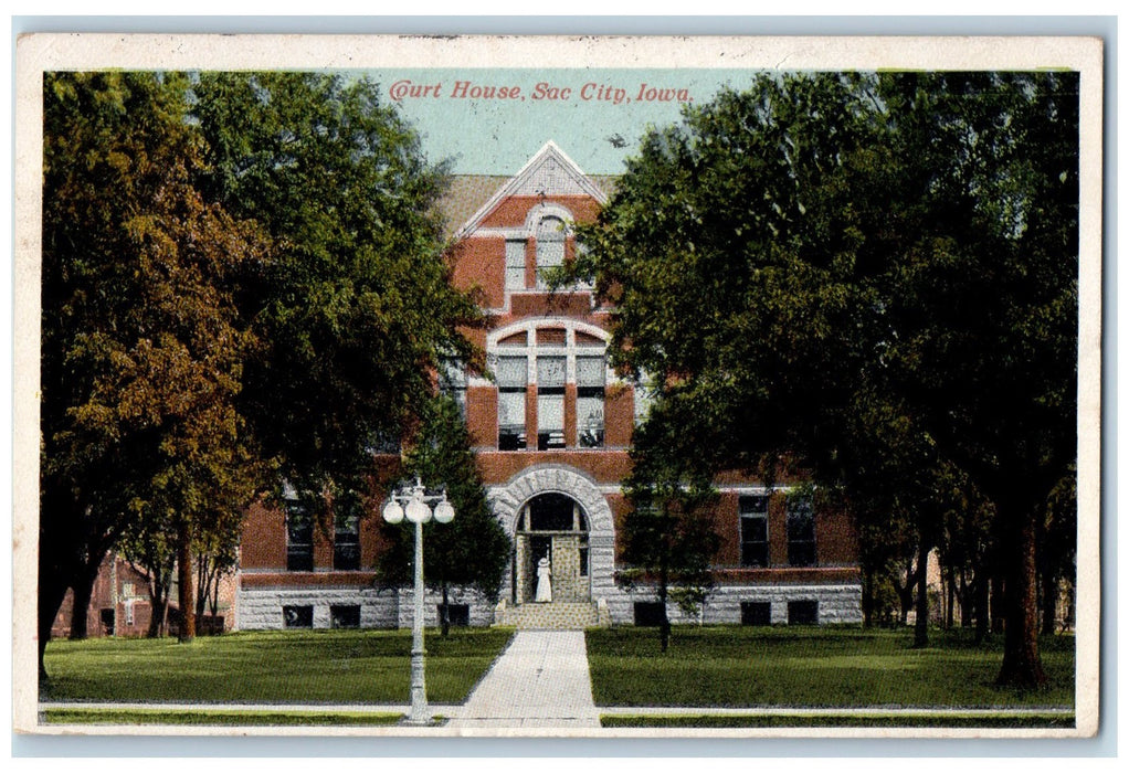 1916 Court House Sac City Front Building Woman On Door Pathways Iowa IA Postcard