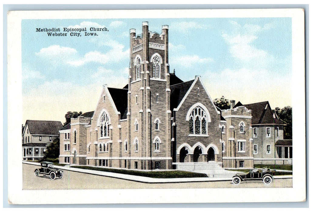c1920 Methodist Episcopal Church View Classic Cars Webster City Iowa IA Postcard