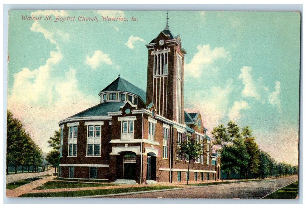c1950's Walnut St. Baptist Church Building Tower Cross Waterloo Iowa IA Postcard