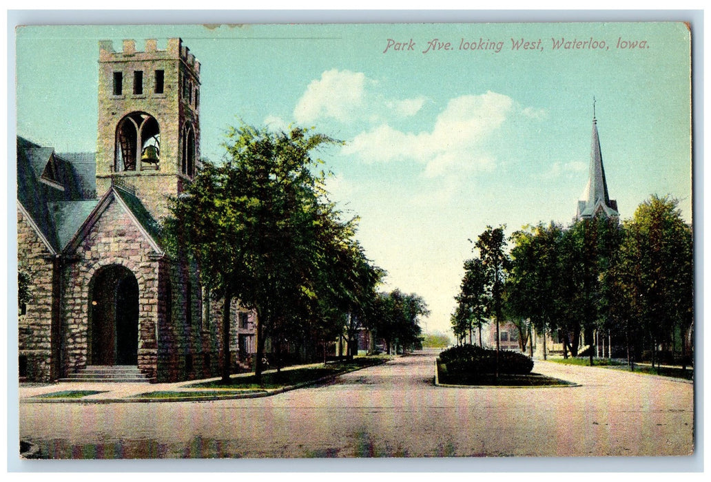 c1950 Park Avenue Bell Tower Street Building Trees Waterloo Iowa IA Postcard