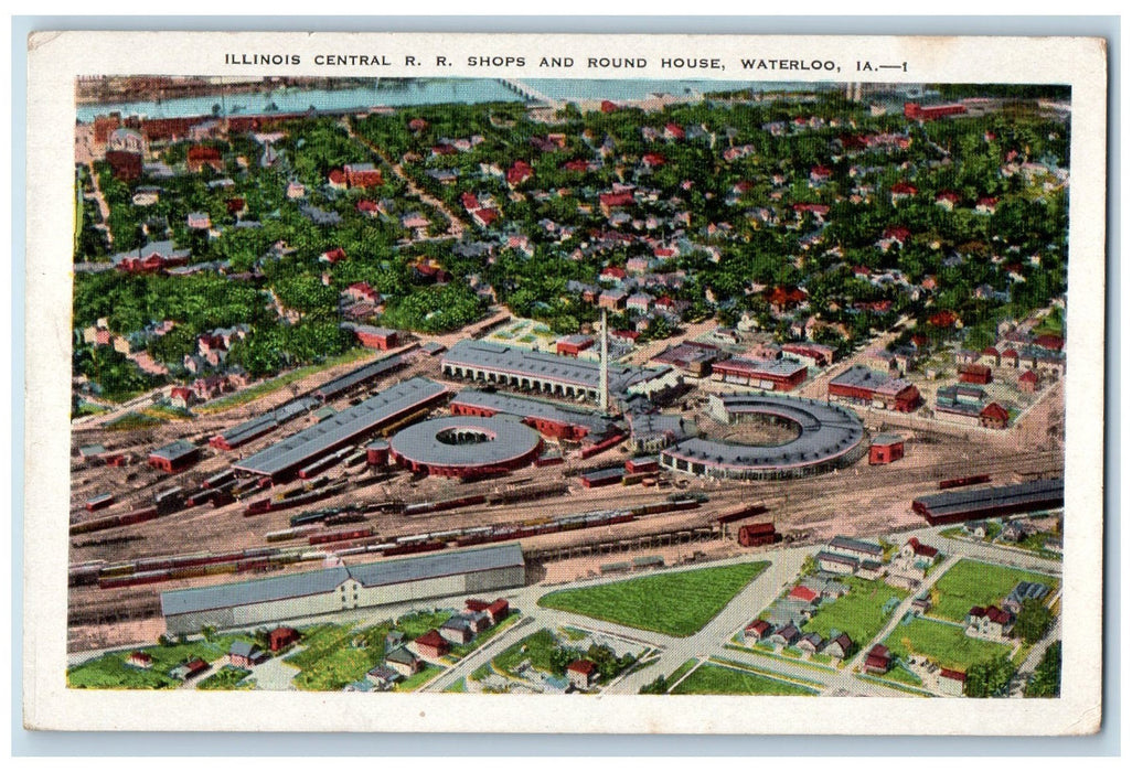 c1950 Illinois Central Rail Road Shops House Aerial View Waterloo IA Postcard